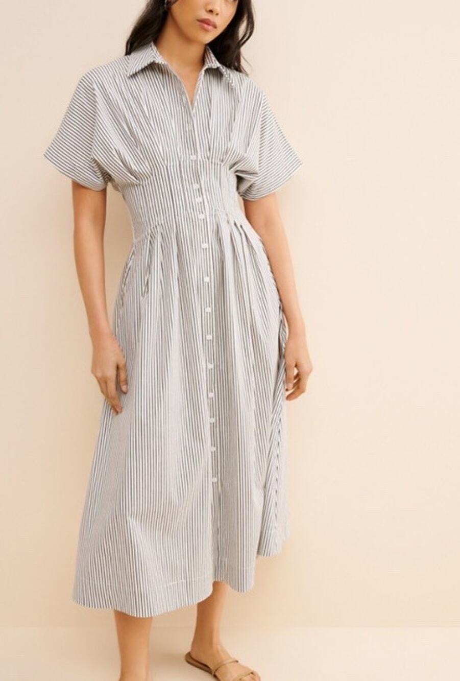 Exquise X Anthropologie Tobie Dress Midi in White Gray Stripe Combo Sz XS Petite